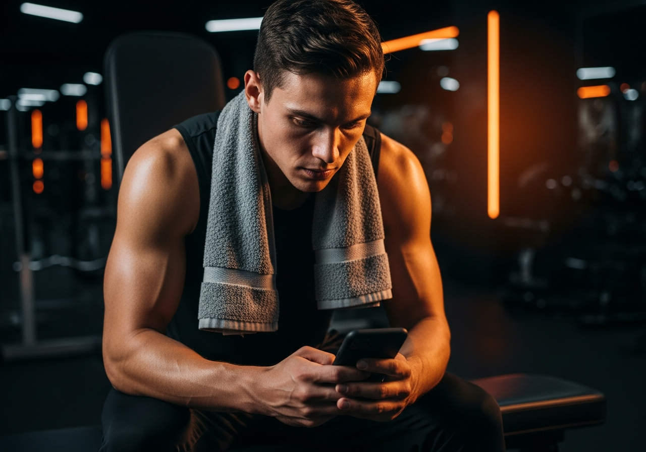 Athlete checking phone after workout in dimly lit gym