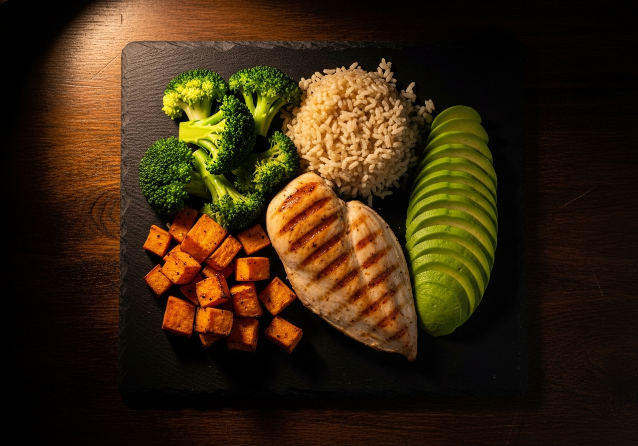 Healthy meal prep flat-lay on dark slate