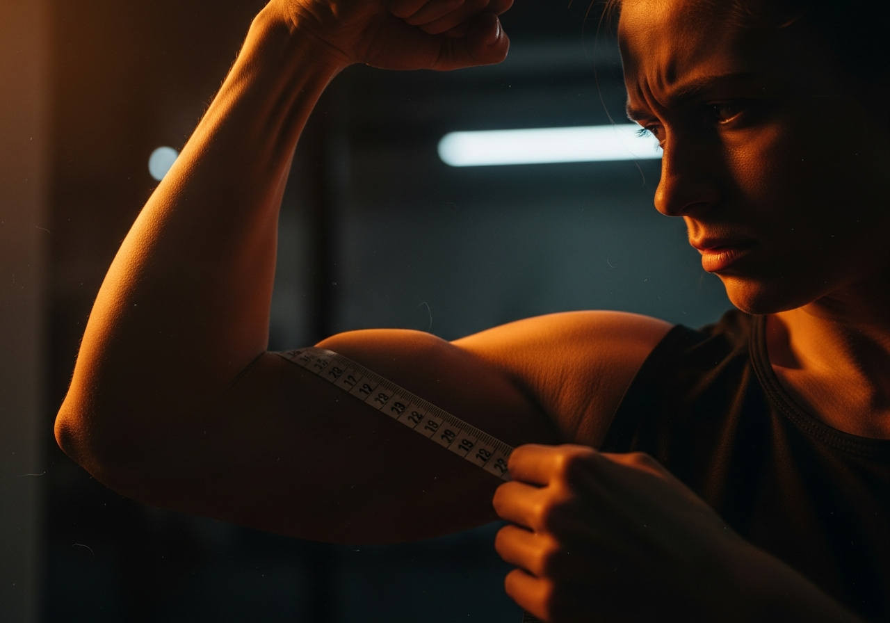 Close-up of athlete measuring arm with tape