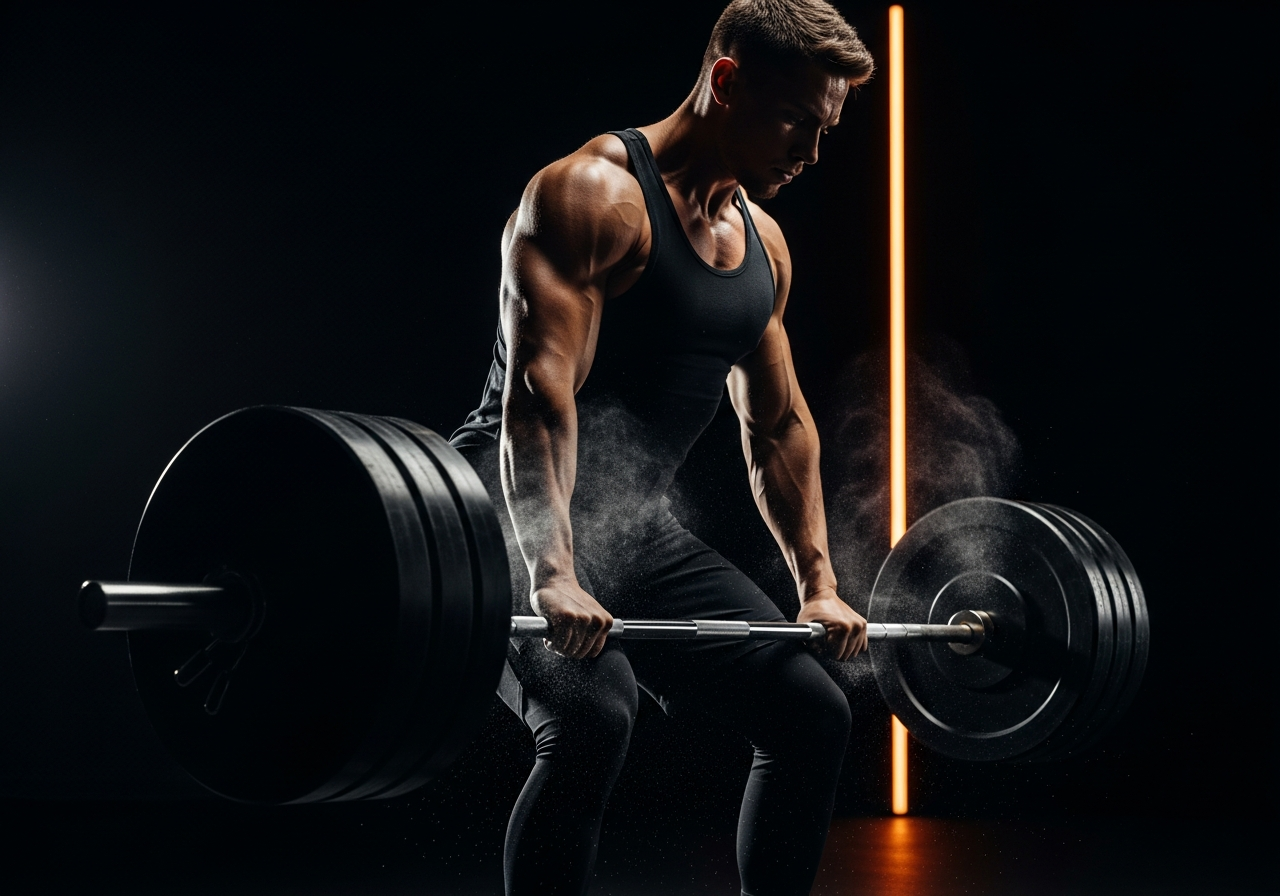 Athlete deadlifting under dramatic gym lighting